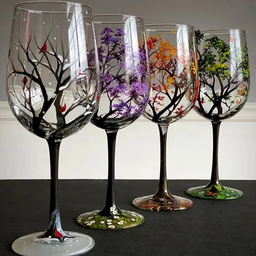 SeasonsCraft - Four Seasons Tree Wijnglazen - Handgeschilderde Kunst