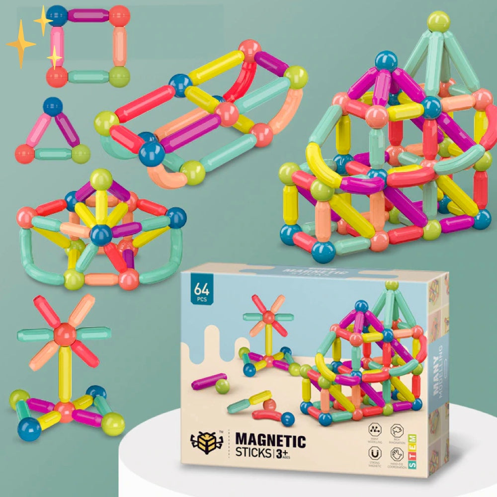 EduMagix | 64 Stuks Magnetische Bouwstenen om Kunstwerken en Gebouwen te Maken voor Kinderen