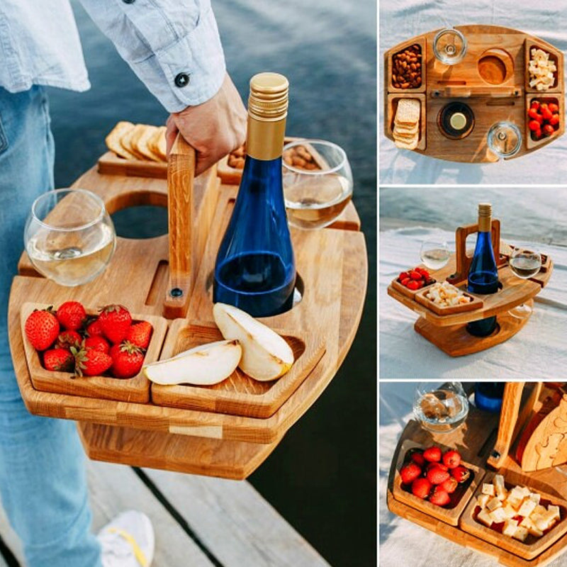 AlfrescoNest - Draagbare houten picknick wijntafel - 36 x 31 x 26 cm Groot serveeroppervlak - Wandklok