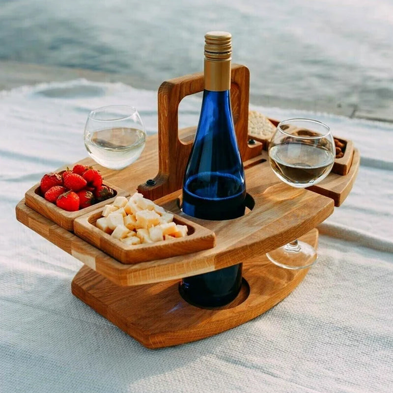 AlfrescoNest - Draagbare houten picknick wijntafel - 36 x 31 x 26 cm Groot serveeroppervlak - Wandklok