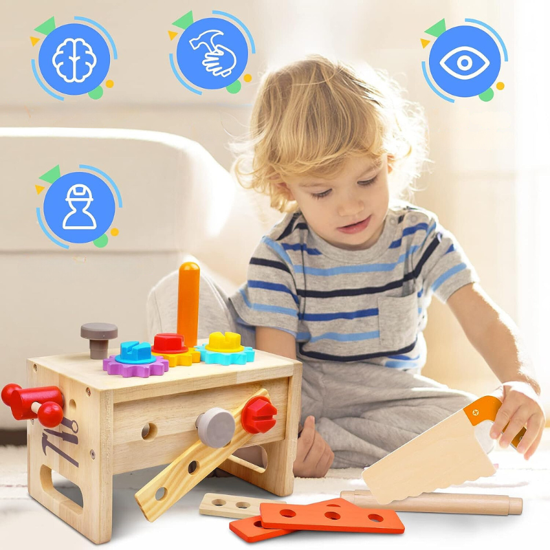 PlayfulPath | Houten Peuter Gereedschap met Doos, Montessori Educatief Speelgoed Baby Vanaf 6 Maanden