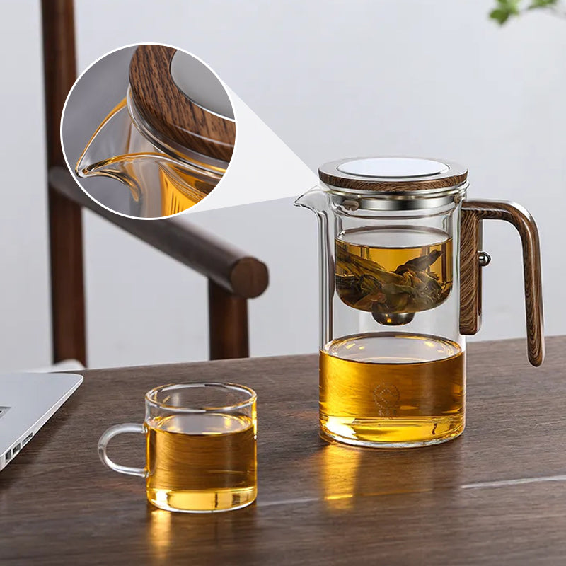 TeakBrew - Glazen theepot met houten handvat voor waterscheiding