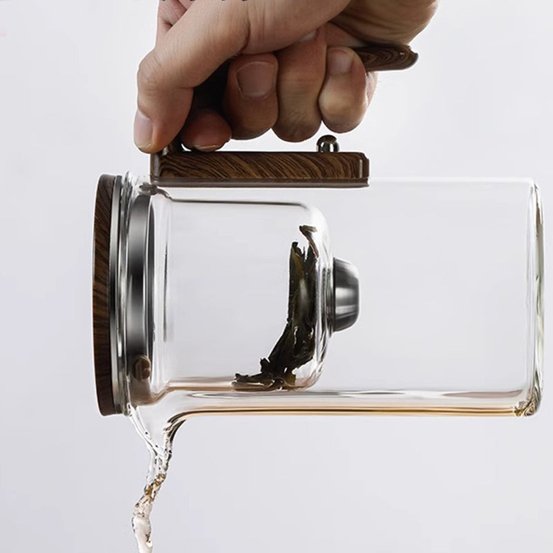 TeakBrew - Glazen theepot met houten handvat voor waterscheiding