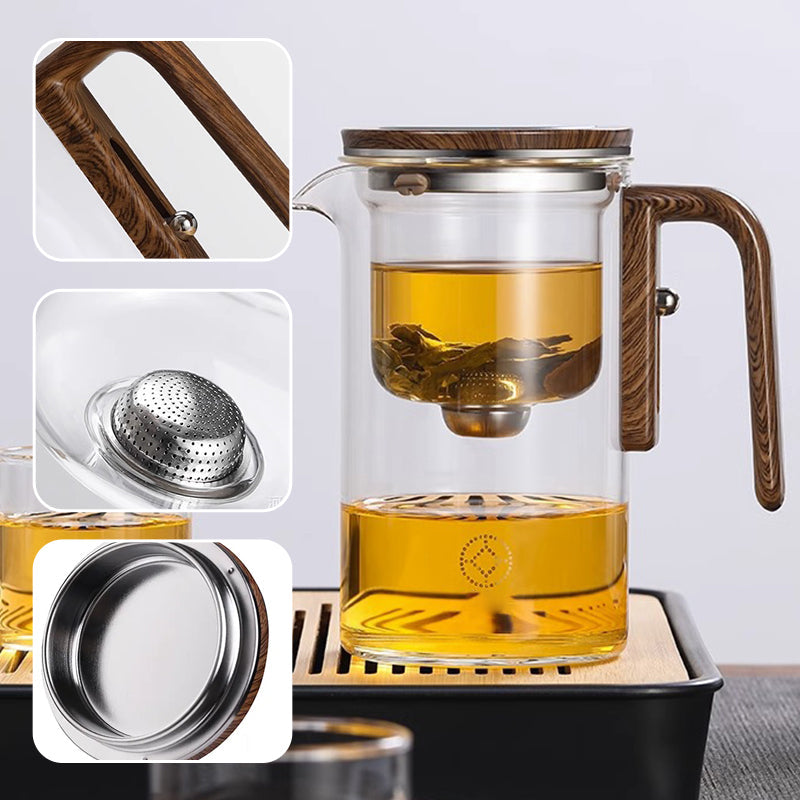 TeakBrew - Glazen theepot met houten handvat voor waterscheiding