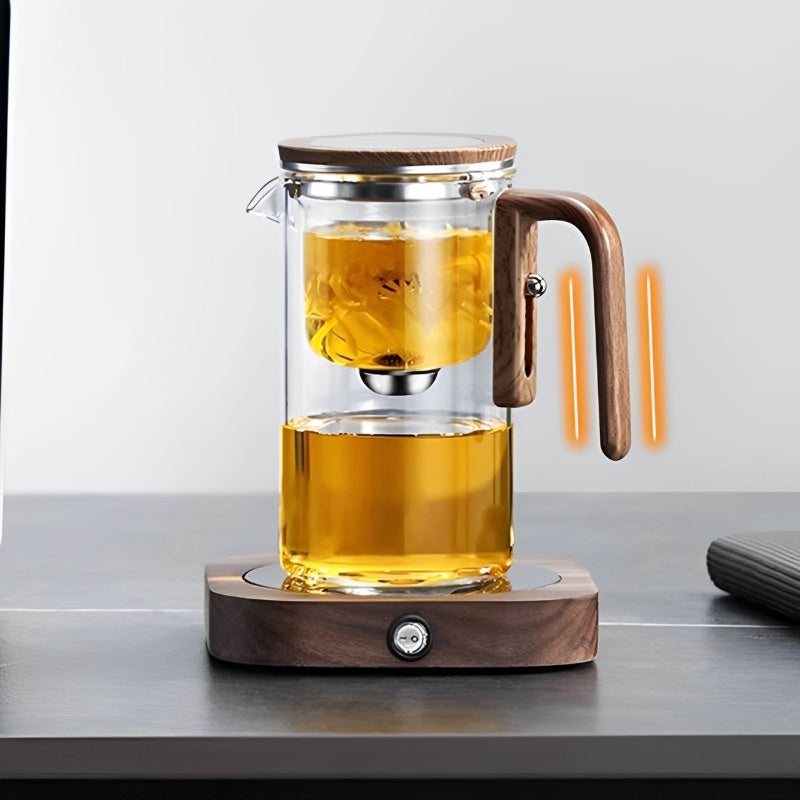 TeakBrew - Glazen theepot met houten handvat voor waterscheiding