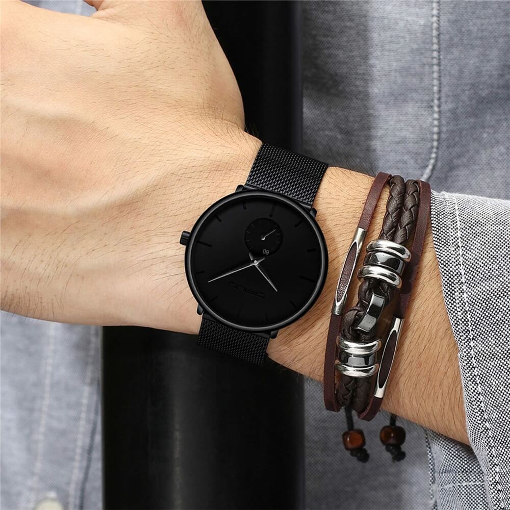 TechnoVibe - Luxe All Black steel blue horloge analoog strak modern minimalistisch