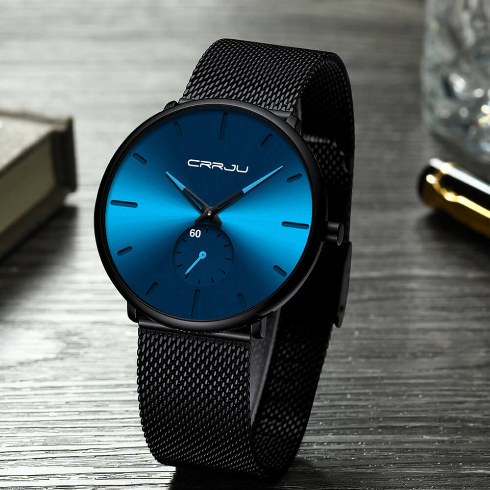 TechnoVibe - Luxe All Black steel blue horloge analoog strak modern minimalistisch