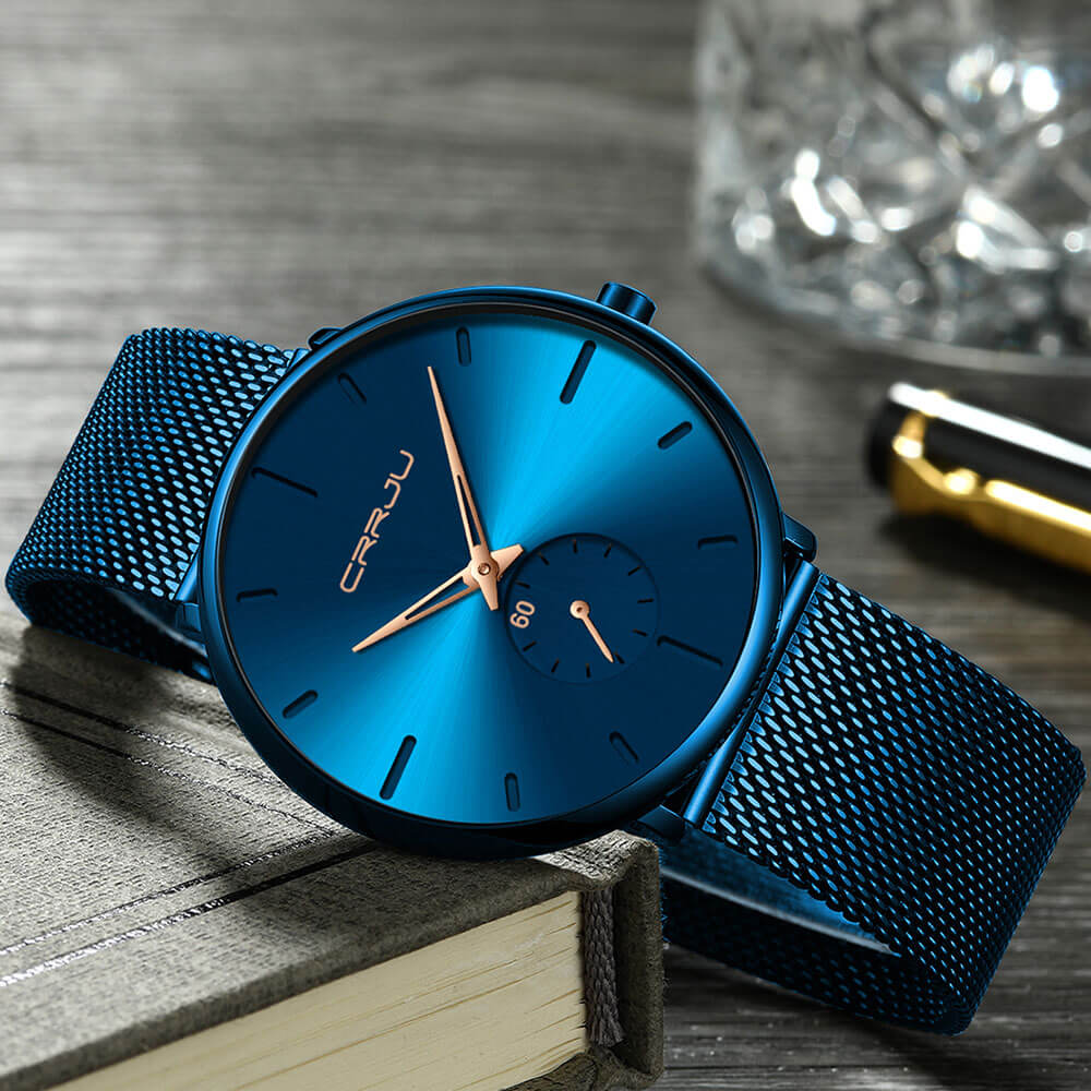 TechnoVibe - Luxe All Black steel blue horloge analoog strak modern minimalistisch