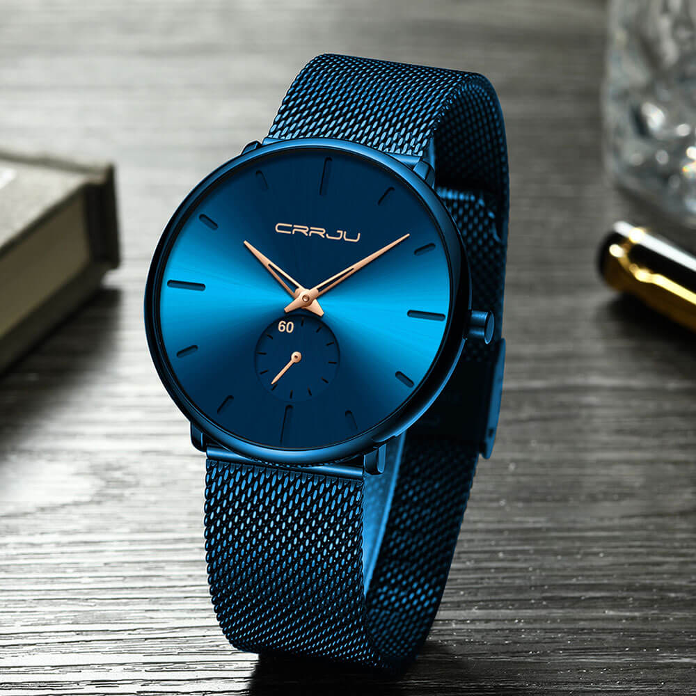 TechnoVibe - Luxe All Black steel blue horloge analoog strak modern minimalistisch