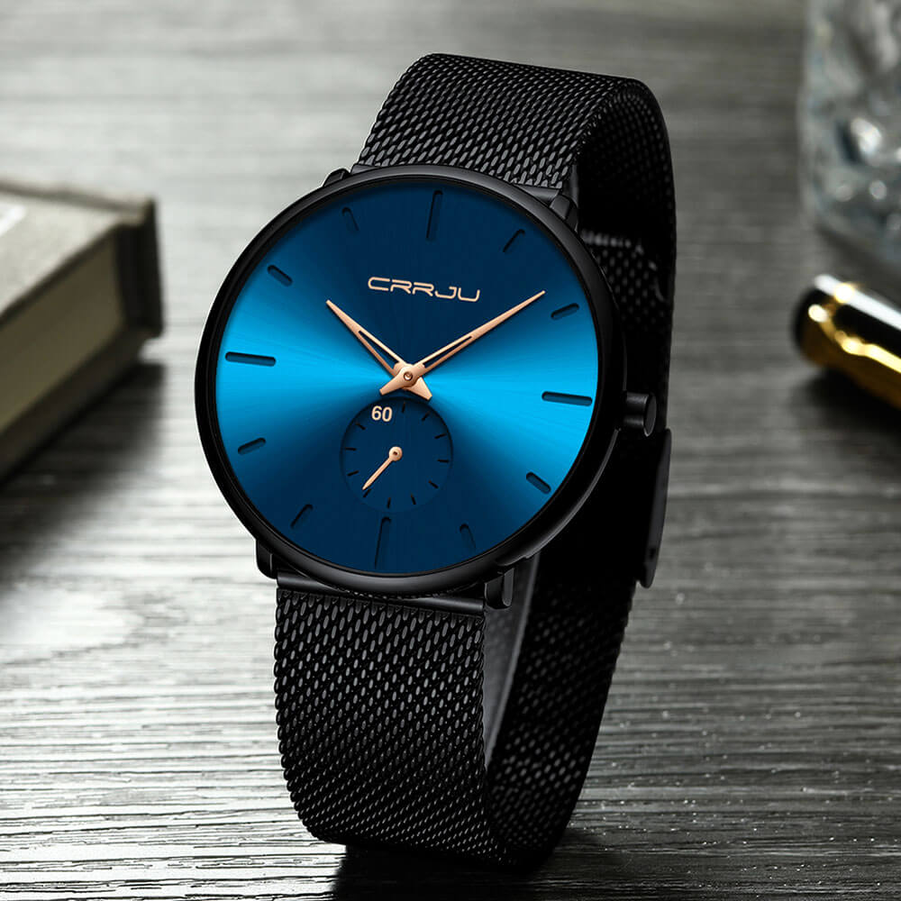 TechnoVibe - Luxe All Black steel blue horloge analoog strak modern minimalistisch