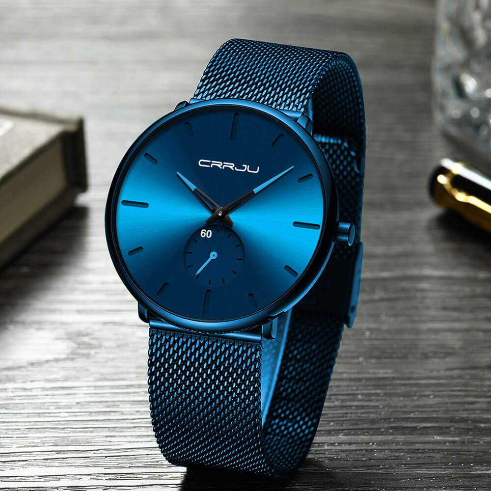 TechnoVibe - Luxe All Black steel blue horloge analoog strak modern minimalistisch