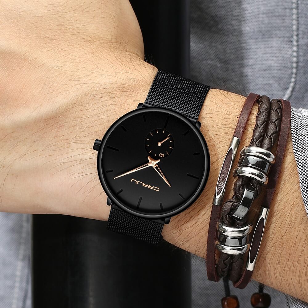 TechnoVibe - Luxe All Black steel blue horloge analoog strak modern minimalistisch