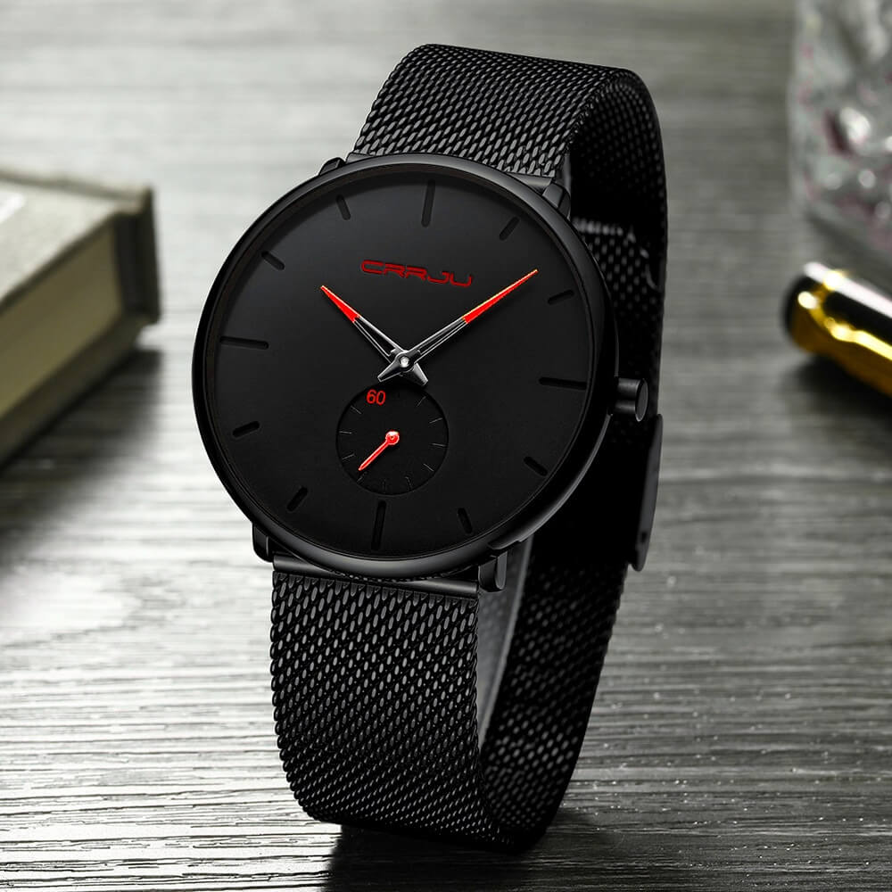 TechnoVibe - Luxe All Black steel blue horloge analoog strak modern minimalistisch