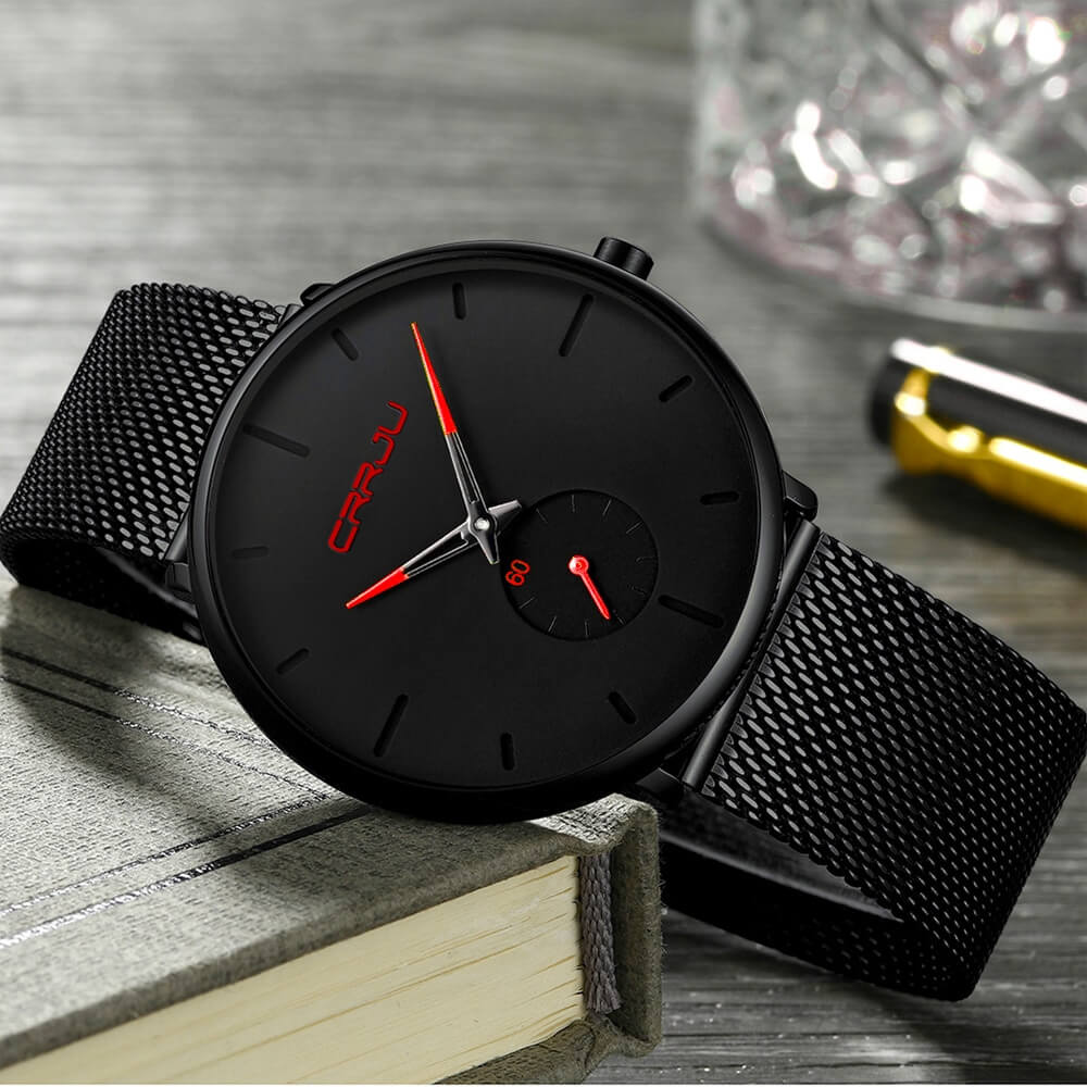 TechnoVibe - Luxe All Black steel blue horloge analoog strak modern minimalistisch