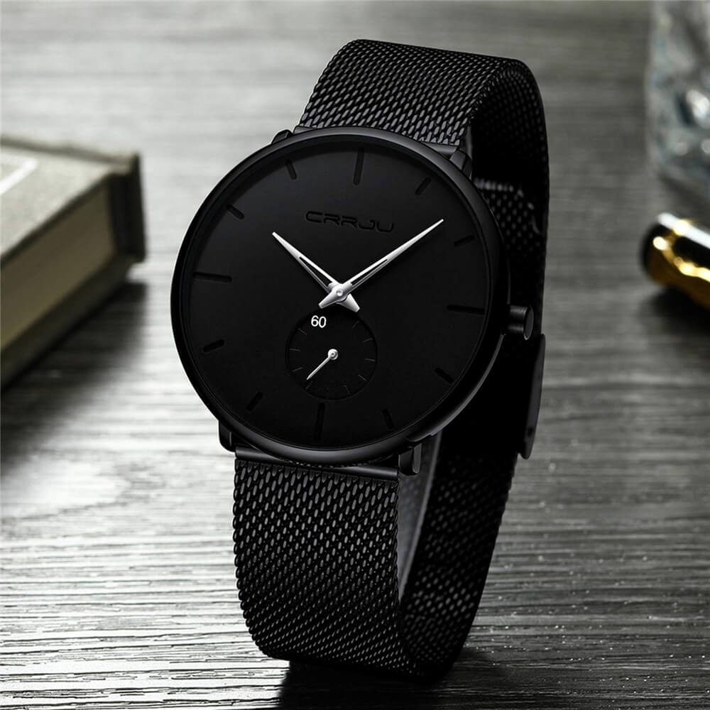 TechnoVibe - Luxe All Black steel blue horloge analoog strak modern minimalistisch