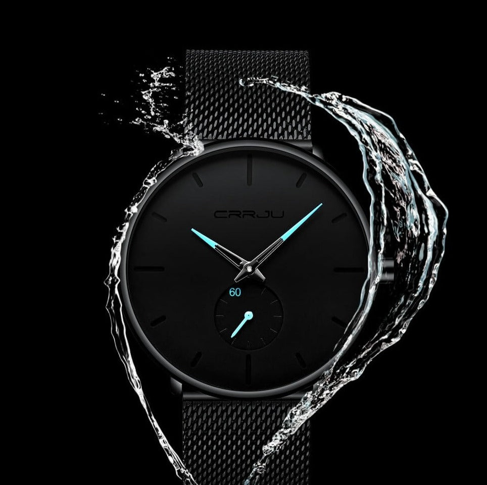 TechnoVibe - Luxe All Black steel blue horloge analoog strak modern minimalistisch