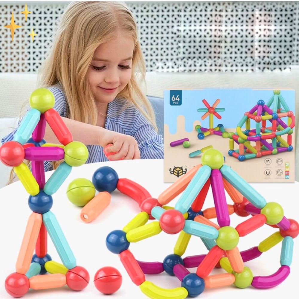 EduMagix | 64 Stuks Magnetische Bouwstenen om Kunstwerken en Gebouwen te Maken voor Kinderen
