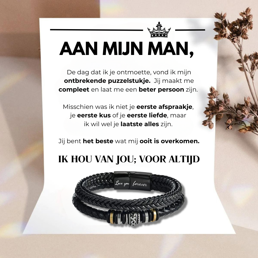 ForeverBraid | Voor Mijn Man - Ik Hou Van Jou; Voor Altijd - Leren Armband