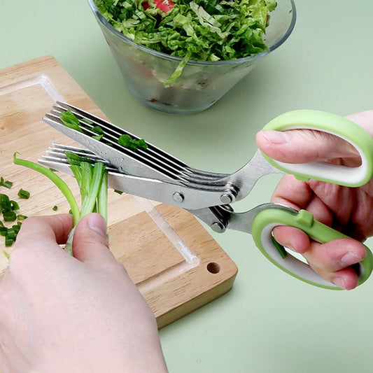 KitchenEdge - Roestvrijstalen keukengereedschap met vijf bladen, meerlagige kruidensnijder en keukenschaar