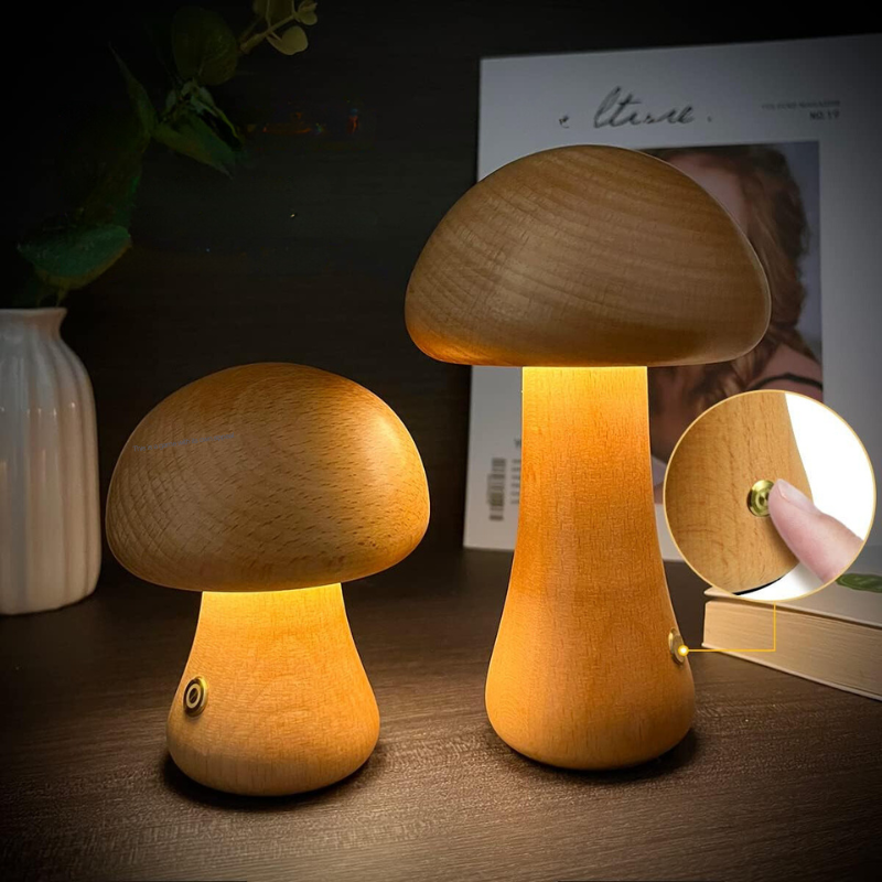 EcoGlow | Houten Paddenstoel LED Nachtlampje met Touch Schakelaar | Sfeervolle Verlichting | Kindvriendelijk